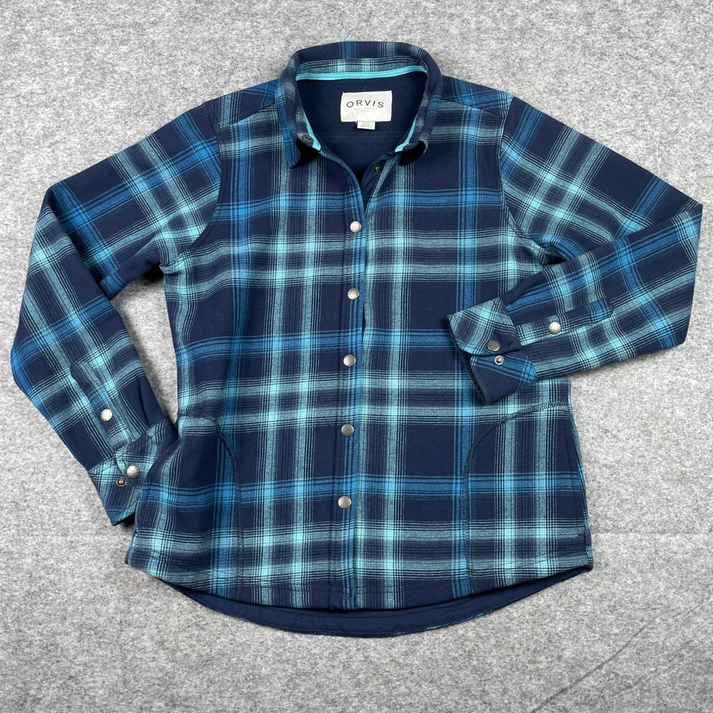 Orvis Shirt Jacket Womens M Blue Plaid Fleece Lined Snap Front Outdoor Layer